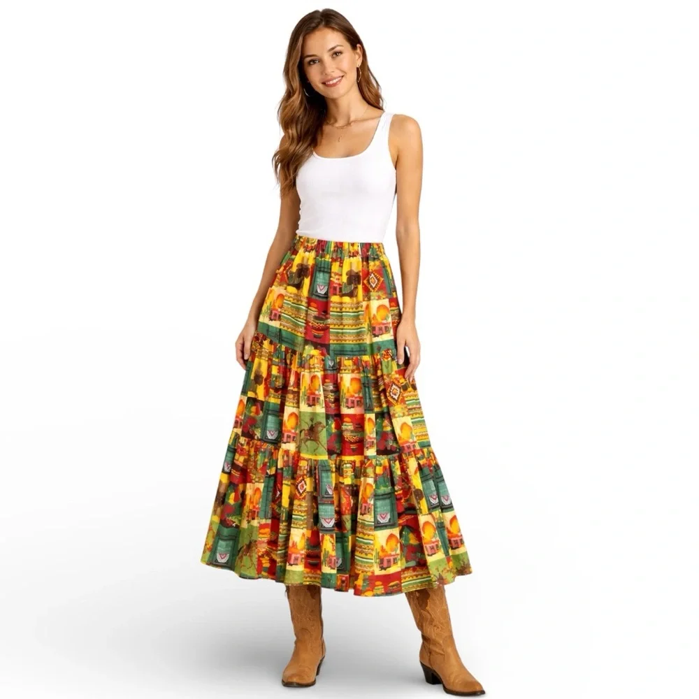 Vintage Camille Oliver Southwestern Western Tiered Maxi Skirt USA - Picture 2 of 6